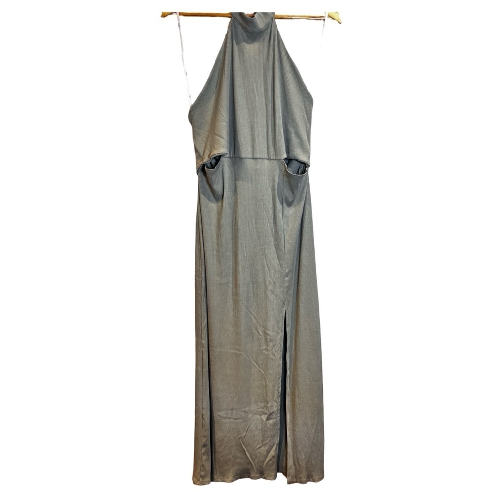 Lulus Modern Mode Sage Green Ribbed Cutout Halter Midi Dress Size NWT XL - Picture 4 of 7